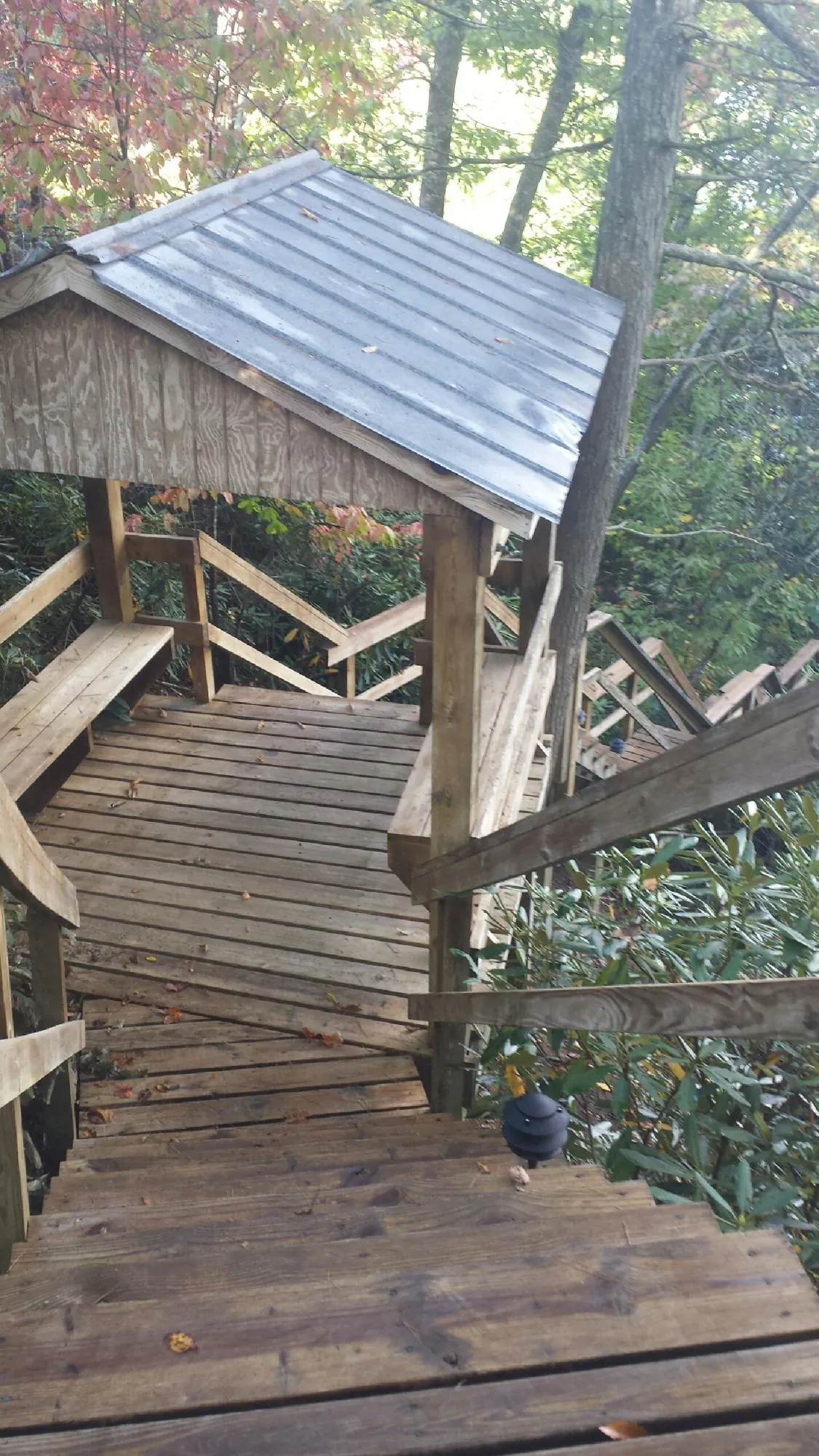 Metal roofed shelter over wooden steps on a wooded walkway — Skylight Repair & Installation work by our crew in Springwater